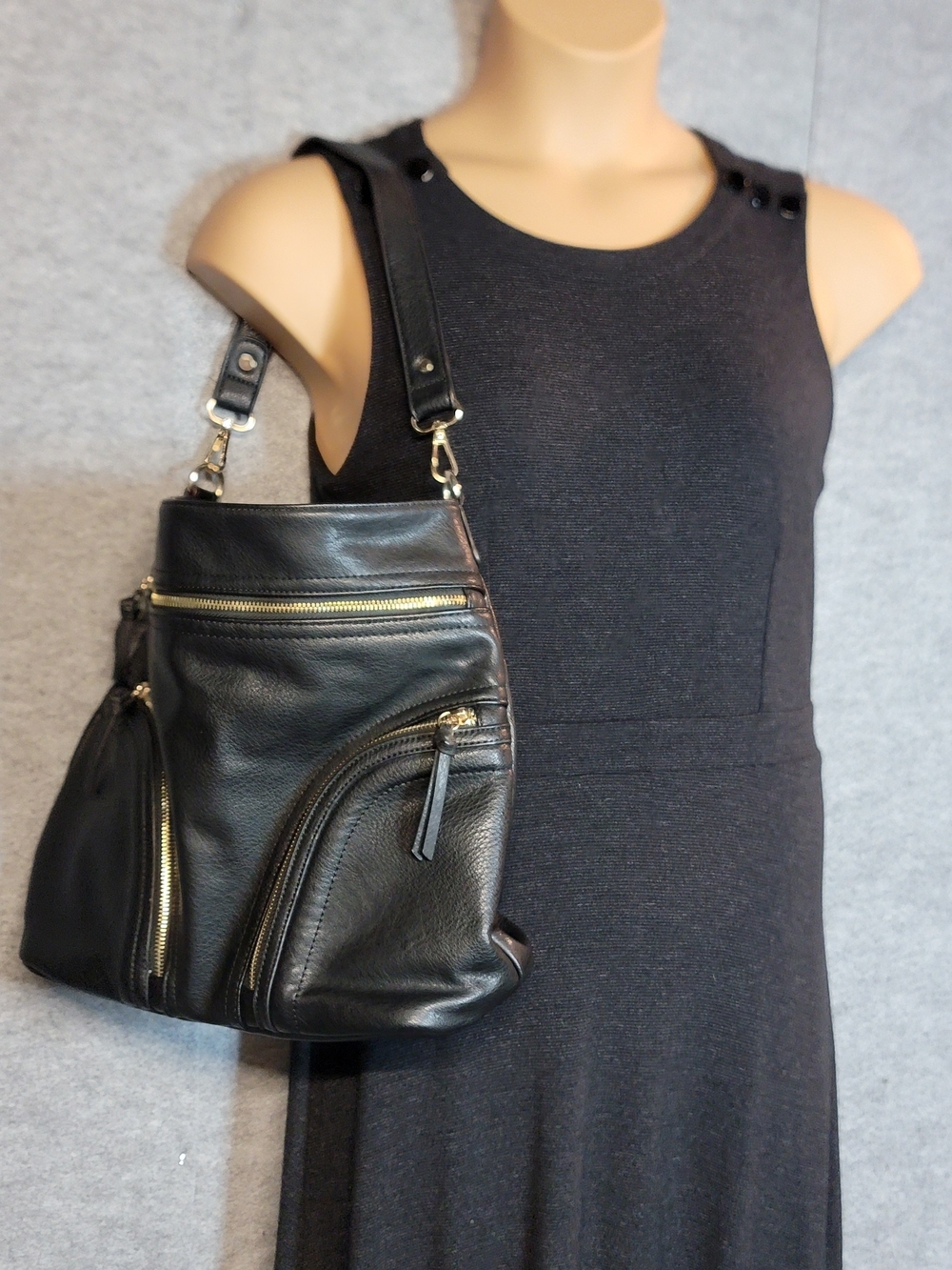 Madison West Black Faux Leather Shoulder Bag with Gold Zippers